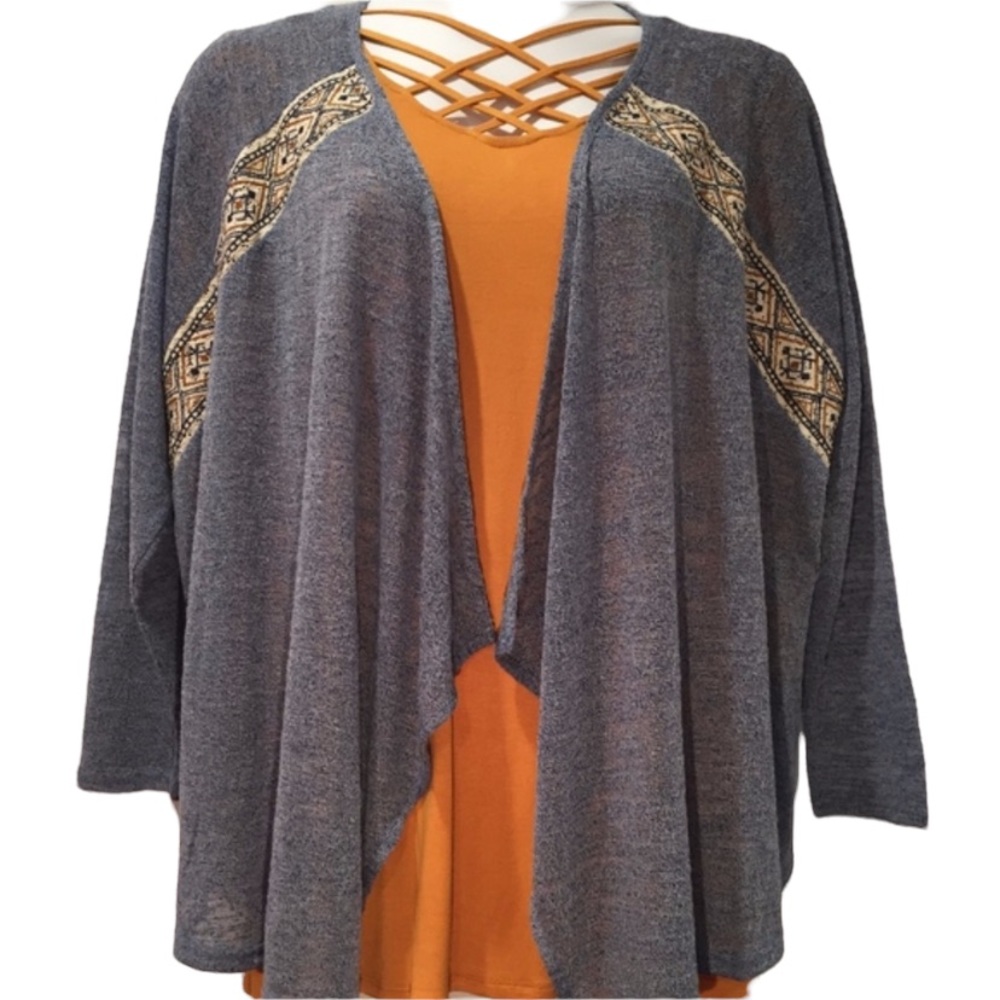 Flying Tomato 1X Blue Embroidered Trim Tribal Southwestern Long Sleeve Cardigan